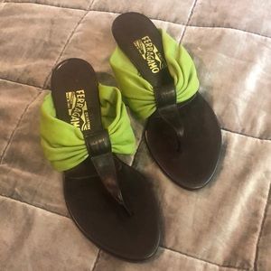 Salvatore Ferragamo Green + Dark Brown Sandals